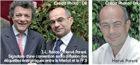 J.-L. Borloo & Hervé Parent. Signature d'une convention sur la diffusion des étiquettes énergétiques entre le Medat et la FF2i